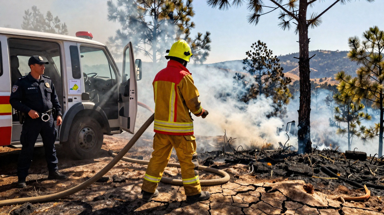 Pompiers combattant un feu de forêt avec un camion dans un paysage sec et fumant.