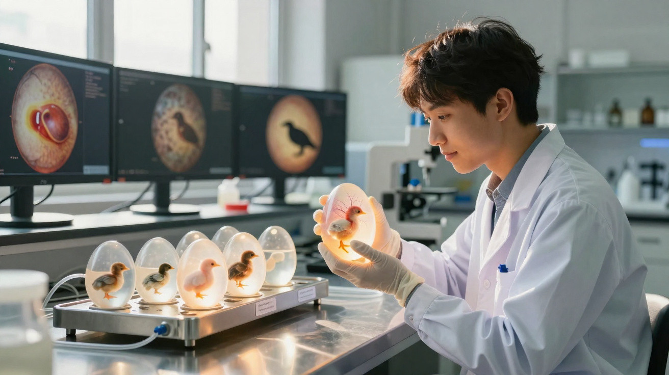 Scientifique en laboratoire étudiant un embryon de poussin dans un œuf éclairé, devant des écrans montrant son développement.