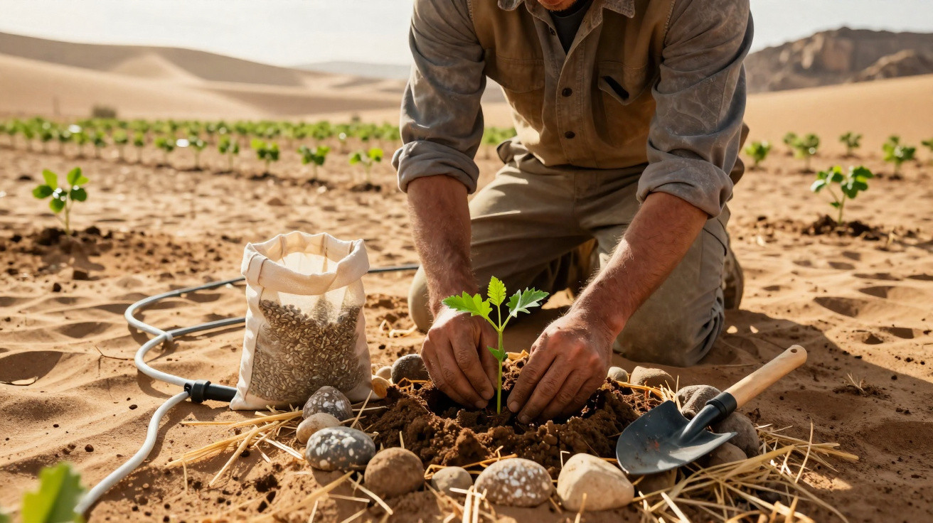 Un homme plante une jeune pousse dans un sol aride entouré de pierres et d’autres plants en arrière-plan.