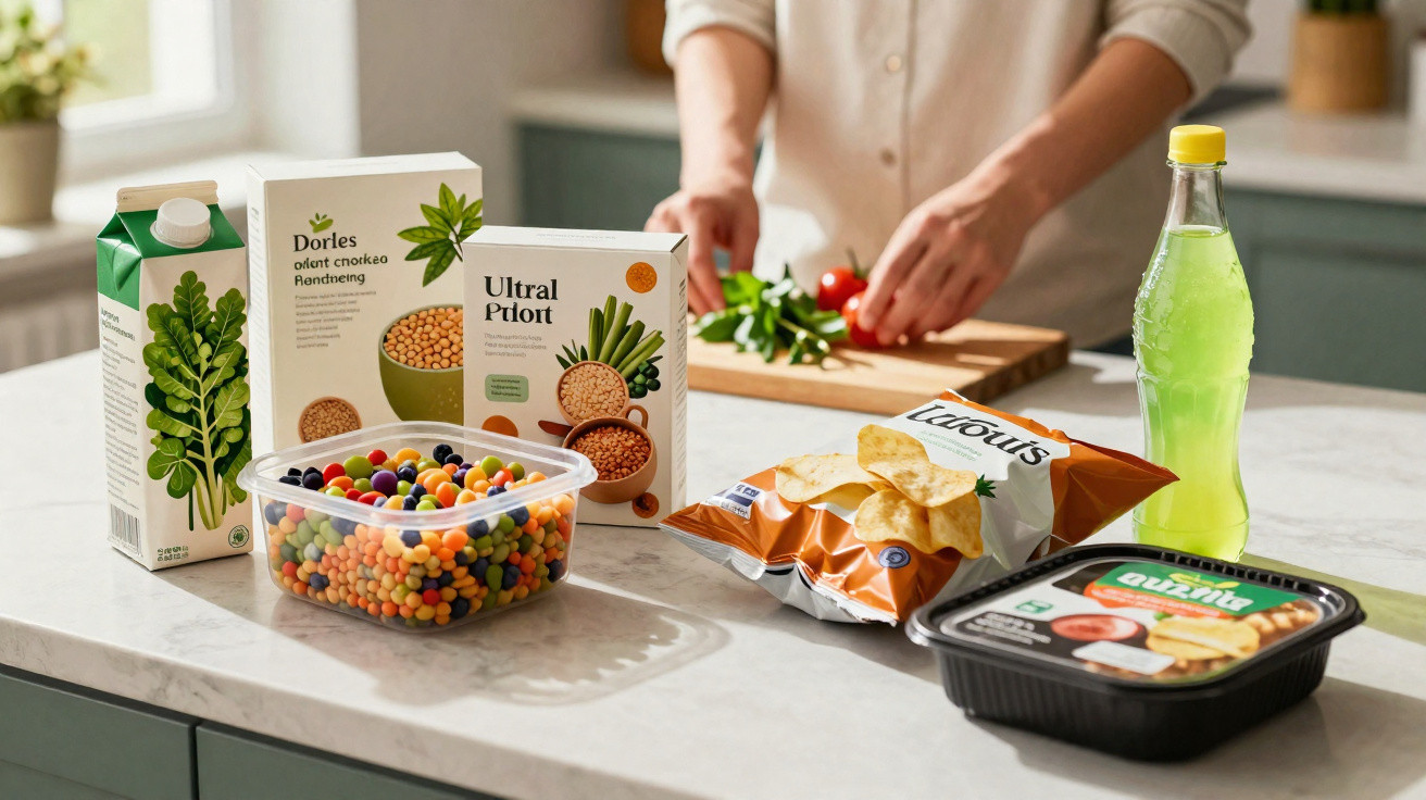Aliments variés sur un plan de travail, avec une personne coupant des légumes en arrière-plan.