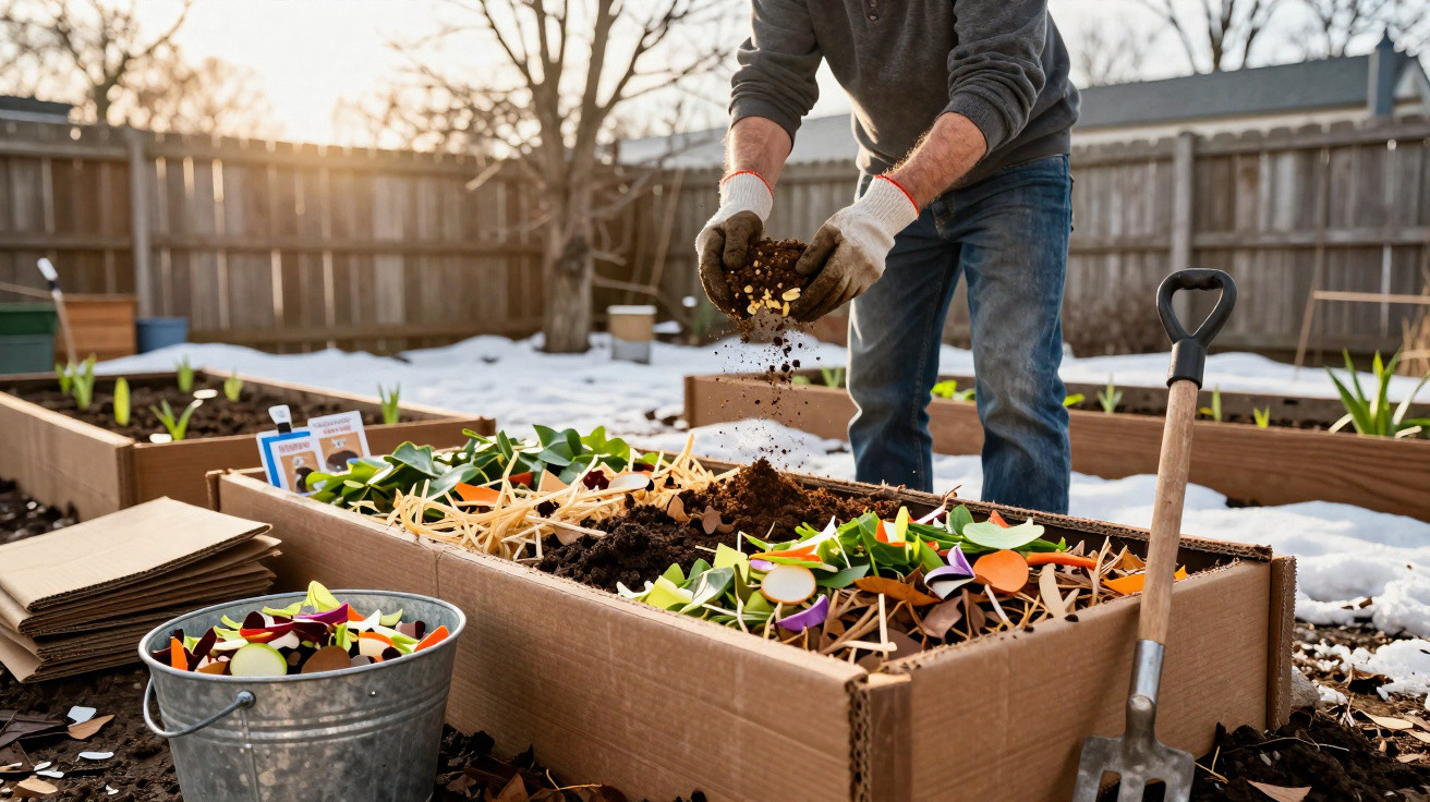 Personne jardinant dans un carré potager en carton avec terre, feuilles et outils dans un jardin enneigé.