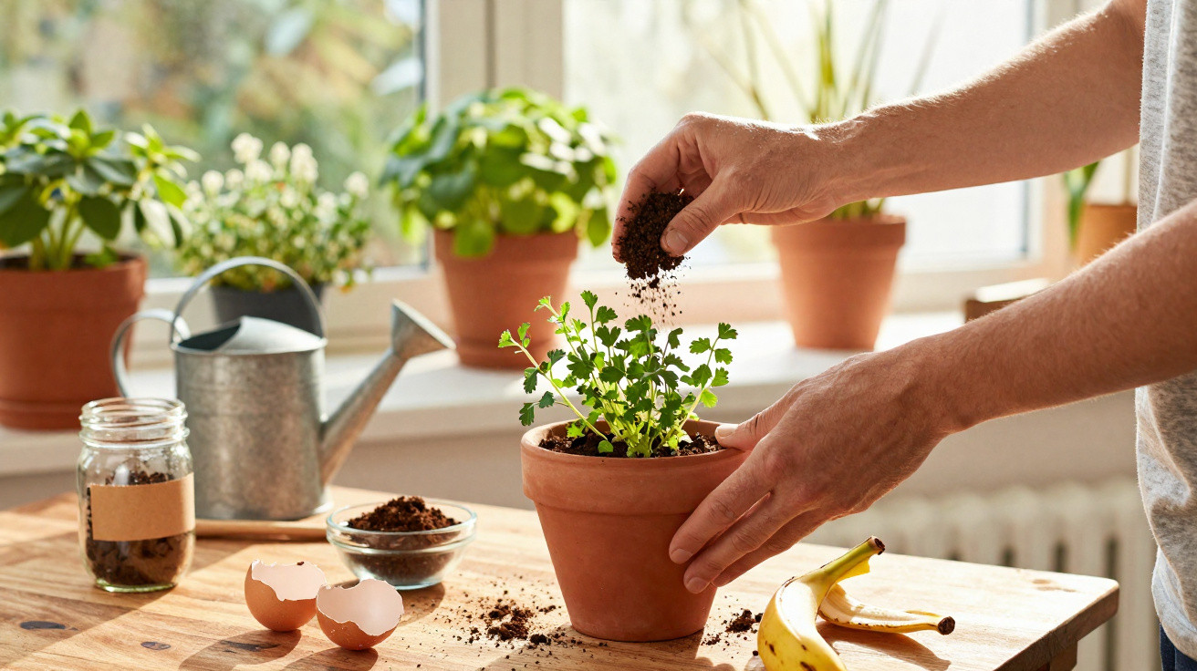 Une personne ajoute de la terre à une plante verte dans un pot en terre cuite sur une table en bois.