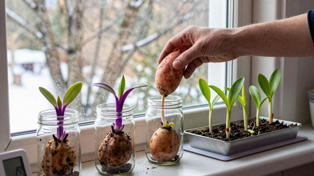 Main plaçant une patate douce dans un bocal, avec des plants en croissance sur un rebord de fenêtre.