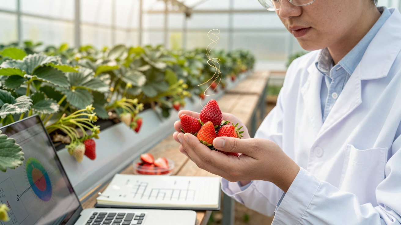 Chercheur en blouse blanche analysant des fraises fraîches dans une serre de culture hydroponique.