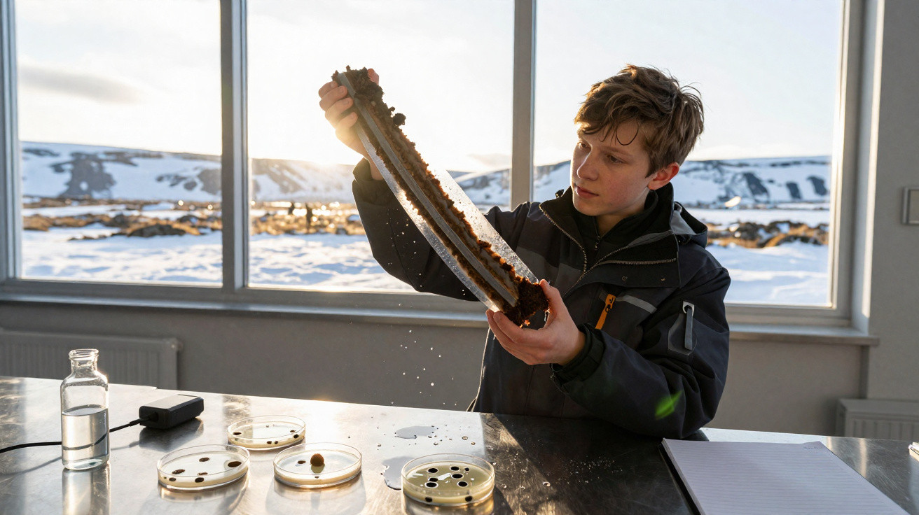 Jeune garçon observant attentivement un long fragment de bois dans un laboratoire avec vue sur un paysage enneigé.