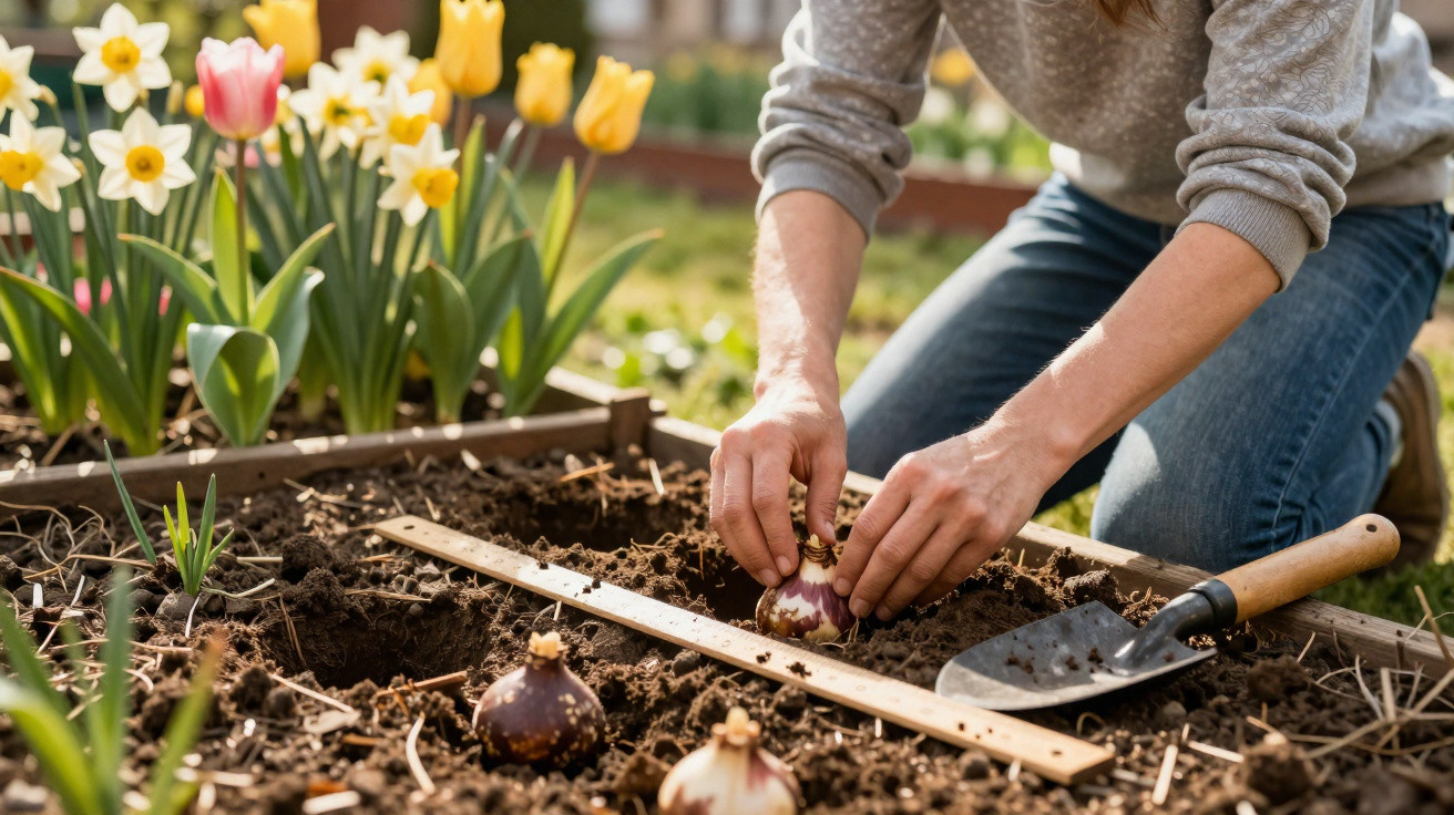 Personne plantant des bulbes de fleurs dans un potager, tulipes et jonquilles en arrière-plan.