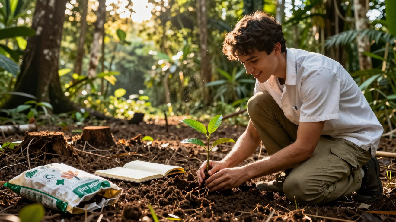 Jeune homme plantant un jeune arbre dans la forêt, avec un sac de terreau et un carnet ouvert à côté.