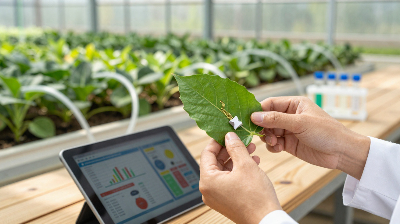 Un scientifique examine une feuille équipée d'un capteur électronique dans une serre avec une tablette affichant des données.