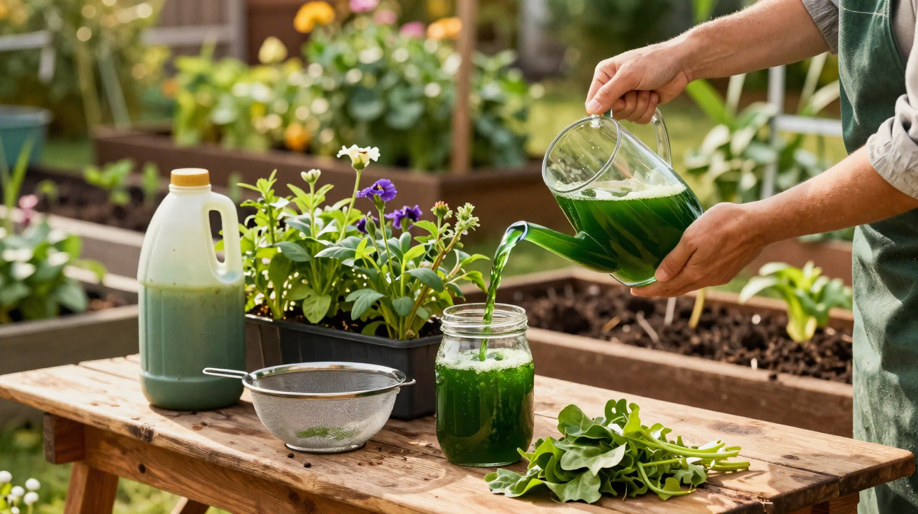 Versement d'engrais liquide vert dans un pot avec plantes et outils de jardinage sur une table en bois.