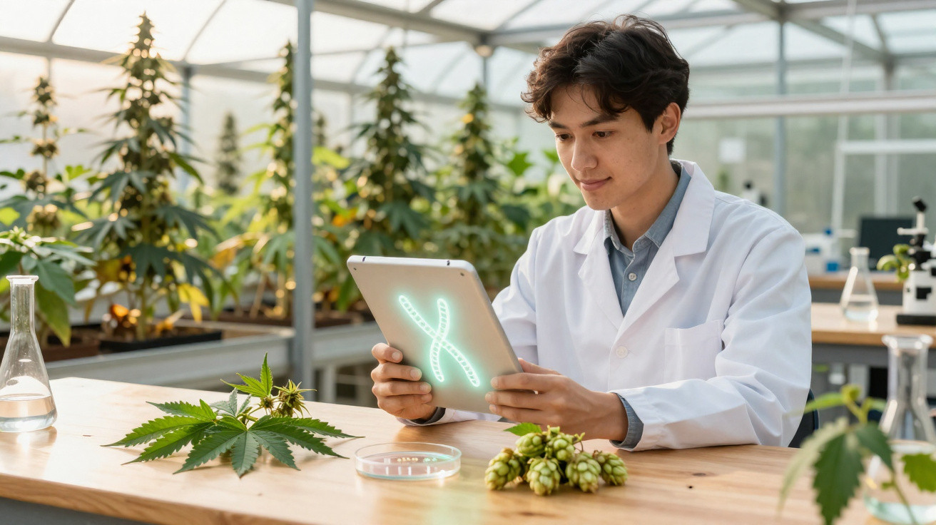 Chercheur en blouse blanche analysant une tablette dans une serre avec plantes de cannabis et matériel de laboratoire.