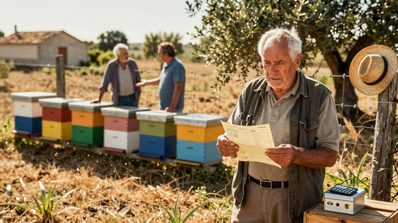 Un apiculteur âgé lit un document près de ruches colorées en plein champ, deux hommes discutent en arrière-plan.