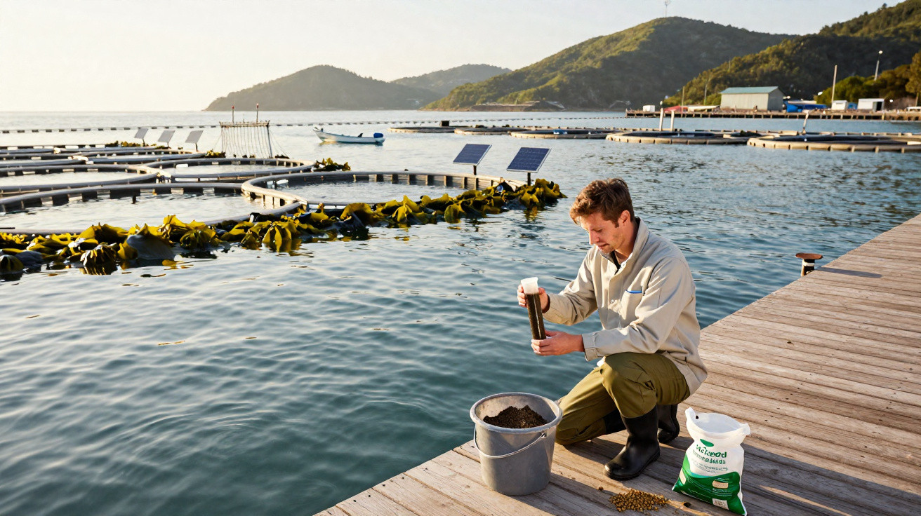 Homme travaillant sur un quai au bord de l'eau, entouré de structures d'aquaculture avec des montagnes en arrière-plan.