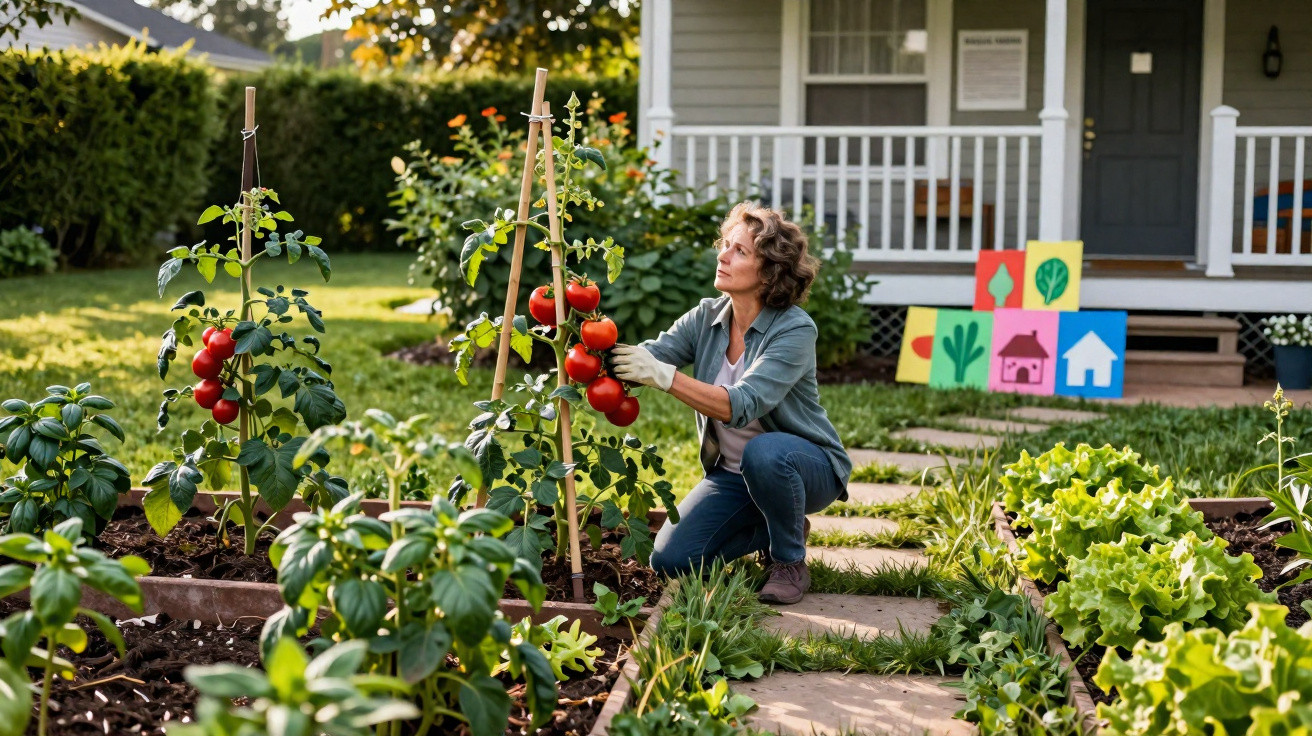 Femme récoltant des tomates dans un jardin potager devant une maison avec un porche et des illustrations colorées.