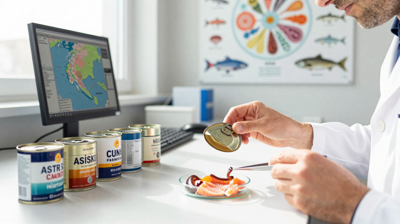 Un scientifique ouvre une boîte de conserve de poisson pour analyser son contenu en laboratoire.