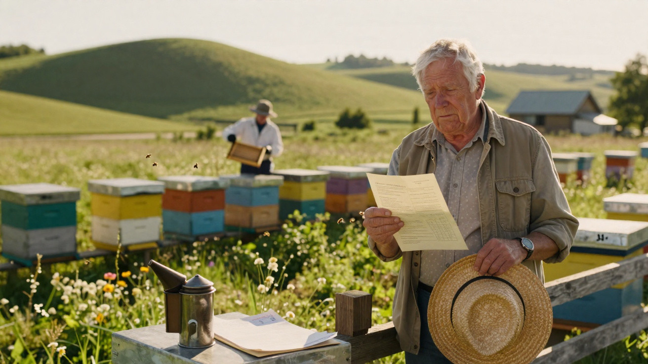 Apiculteur âgé lisant un document près des ruches colorées dans un champ fleuri sous le soleil.