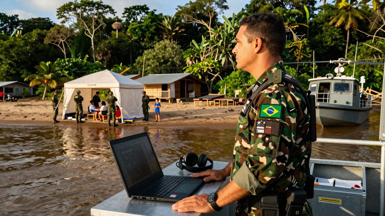 Militaire brésilien en uniforme camouflé avec ordinateur portable sur un bateau près d'une rive boisée.