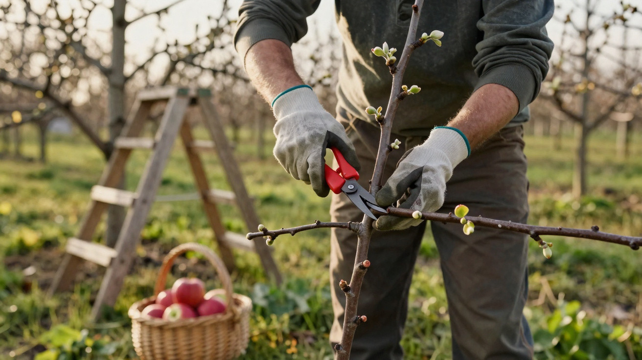 Personne taillant une branche d'arbre en fleurs dans un verger avec un panier de pommes en arrière-plan.