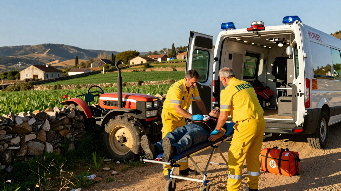Deux secouristes en jaune transportent un homme blessé sur une civière près d'une ambulance et un tracteur.