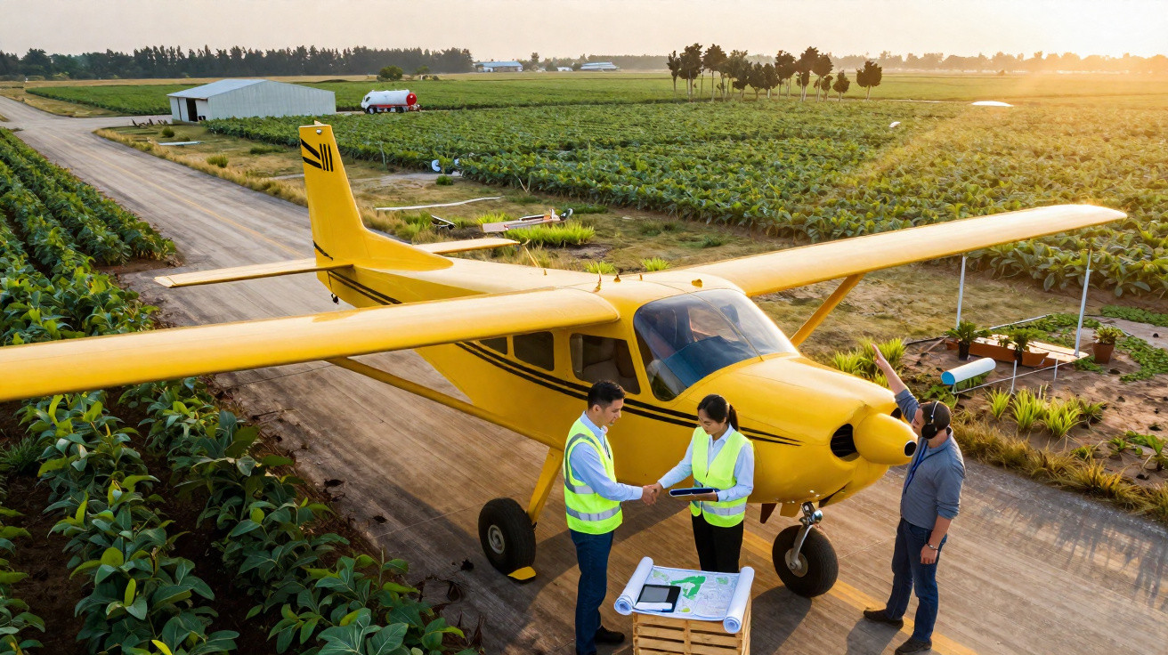 Petit avion jaune stationné sur une piste agricole avec trois personnes discutant autour d'un plan.