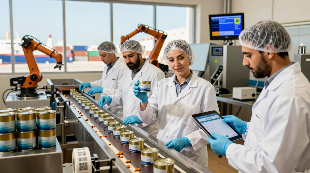 Quatre techniciens en blouse et charlotte contrôlant des boîtes en conserve sur une chaîne de production automatisée.