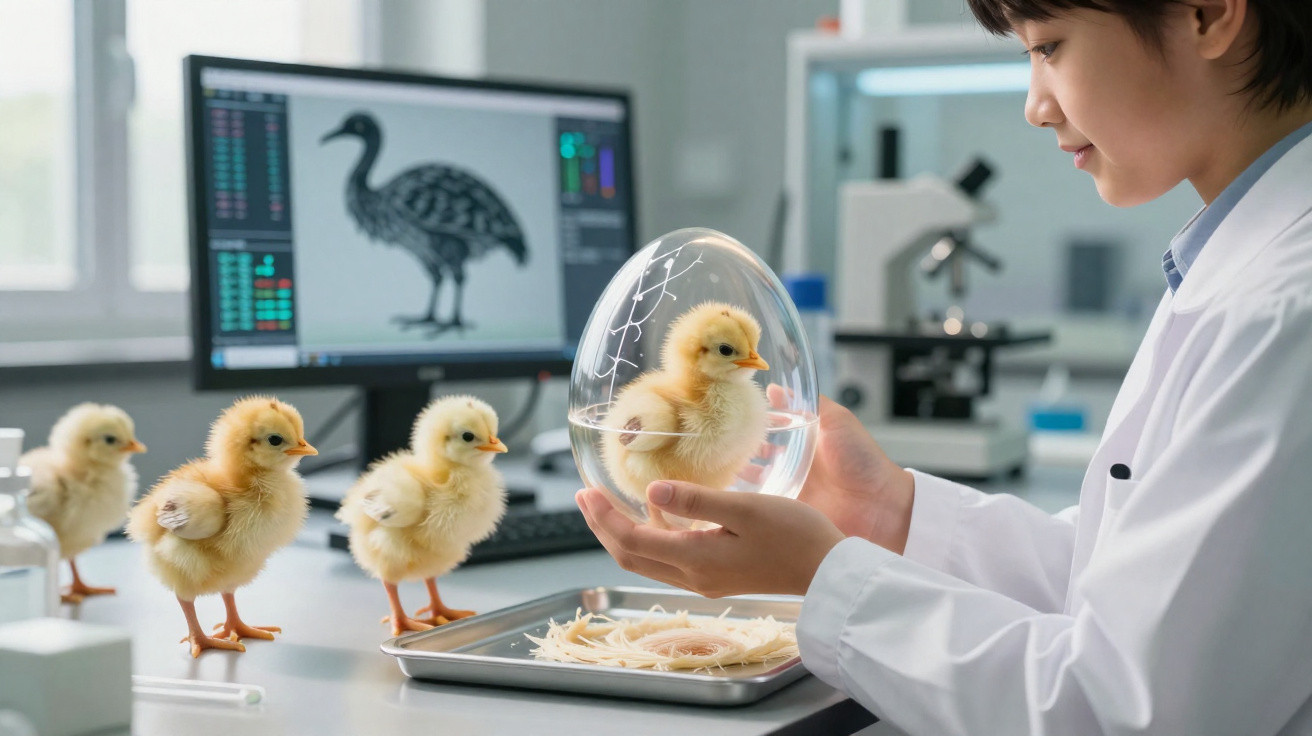 Scientifique en laboratoire examinant un poussin dans une coquille transparente avec trois poussins à côté.