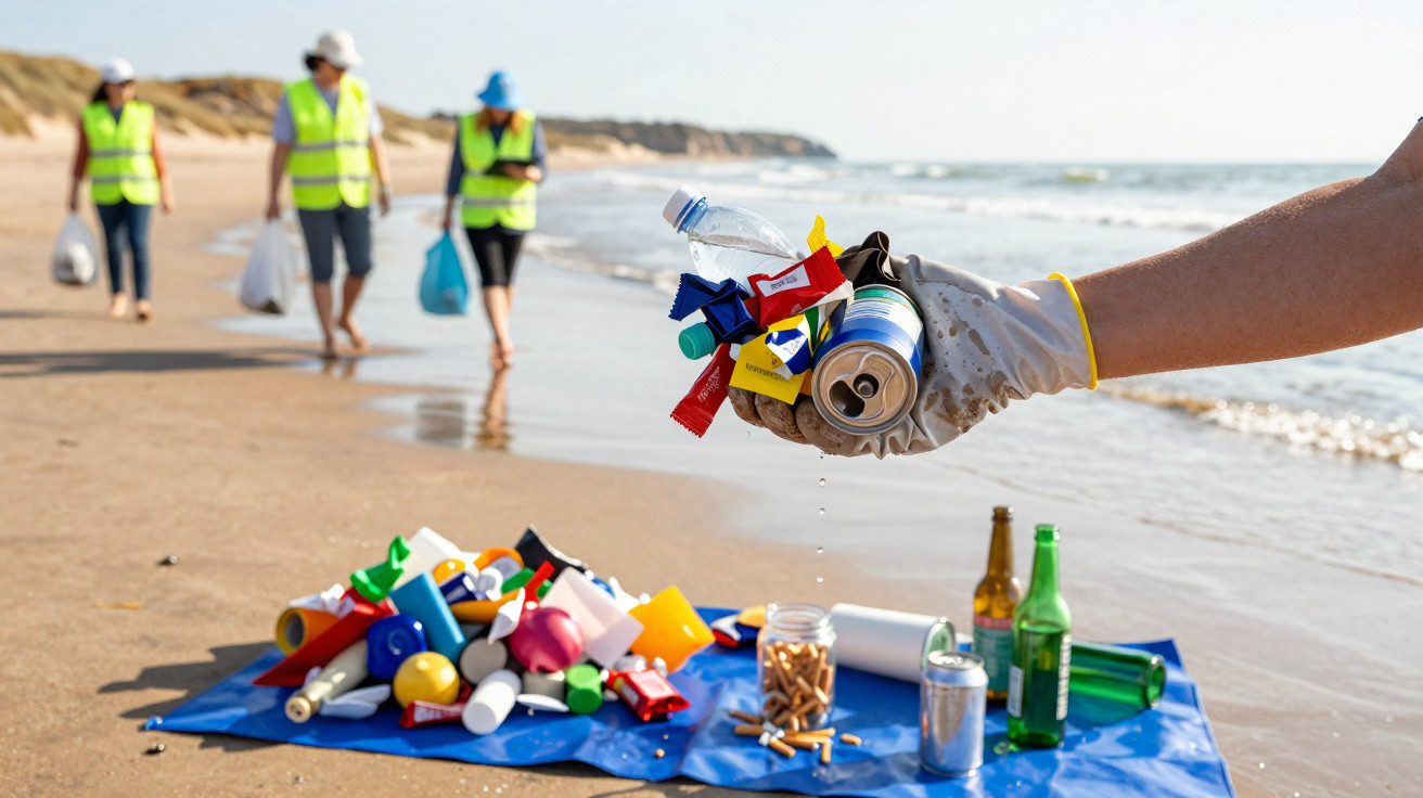 Bénévoles ramassant des déchets plastiques et canettes sur une plage, triés sur une bâche bleue.