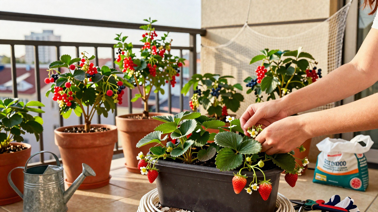 Personne récoltant des fraises dans un pot sur un balcon avec d’autres plantes fruitières en arrière-plan.