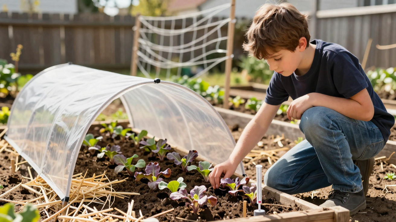 Un garçon inspecte des jeunes pousses dans un potager avec une mini-serre en plastique.