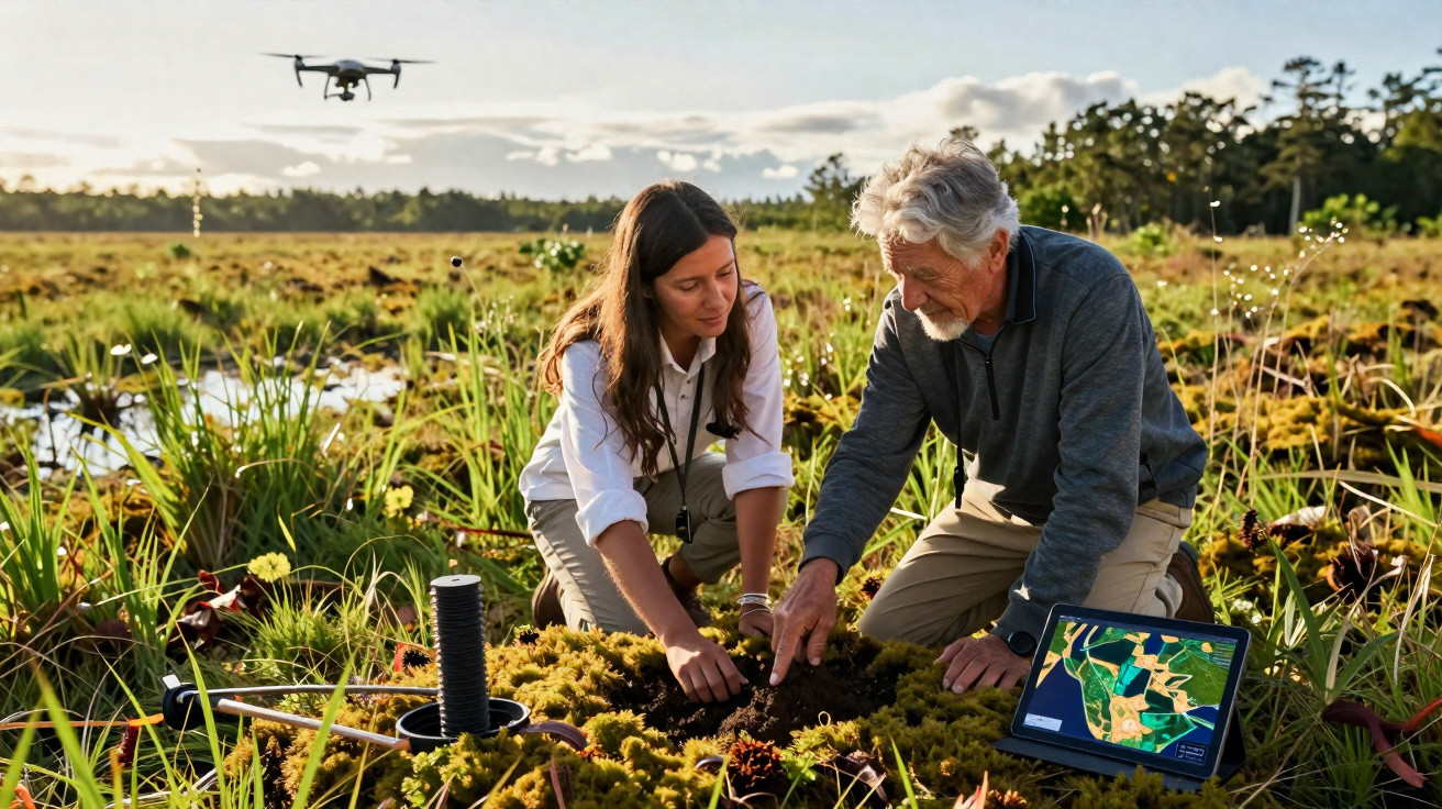 Deux scientifiques analysant la terre d’un marais avec un drone et une tablette numérique.