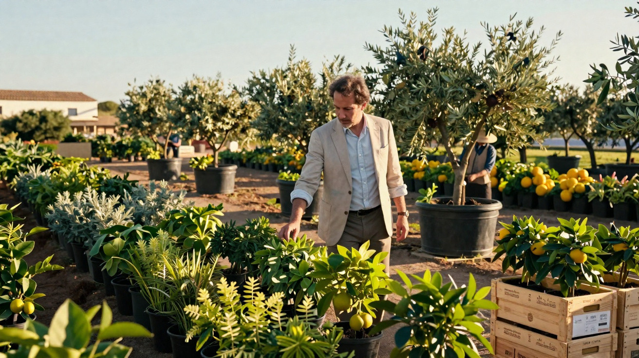 Homme en veste beige inspectant des plants en pot dans une pépinière en plein air sous un ciel clair.