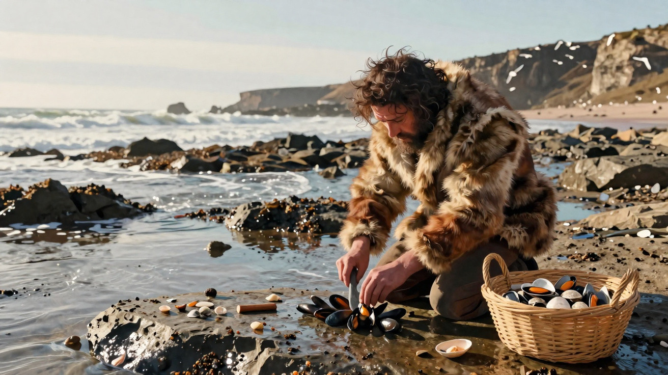 Homme en manteau de fourrure récoltant des coquillages sur une plage rocheuse avec un panier en osier.