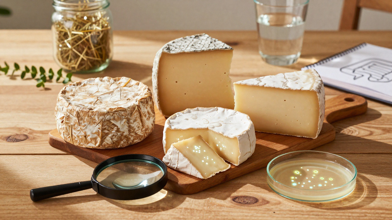 Plateau en bois avec plusieurs fromages à pâte molle et croûte fleurie, loupe et boîte de pétri sur table en bois.
