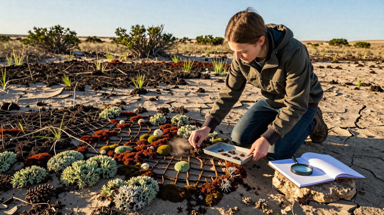 Jeune femme observe des lichens sur sol aride, avec loupe et carnets pour étude botanique en extérieur.