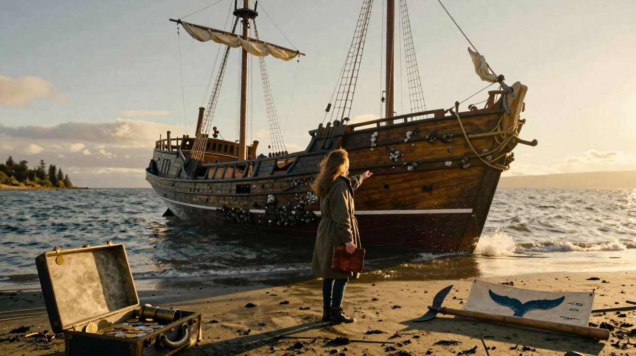 Jeune fille indique un grand bateau en bois amarré sur la plage au coucher du soleil, avec une carte et une mallette ouverte.