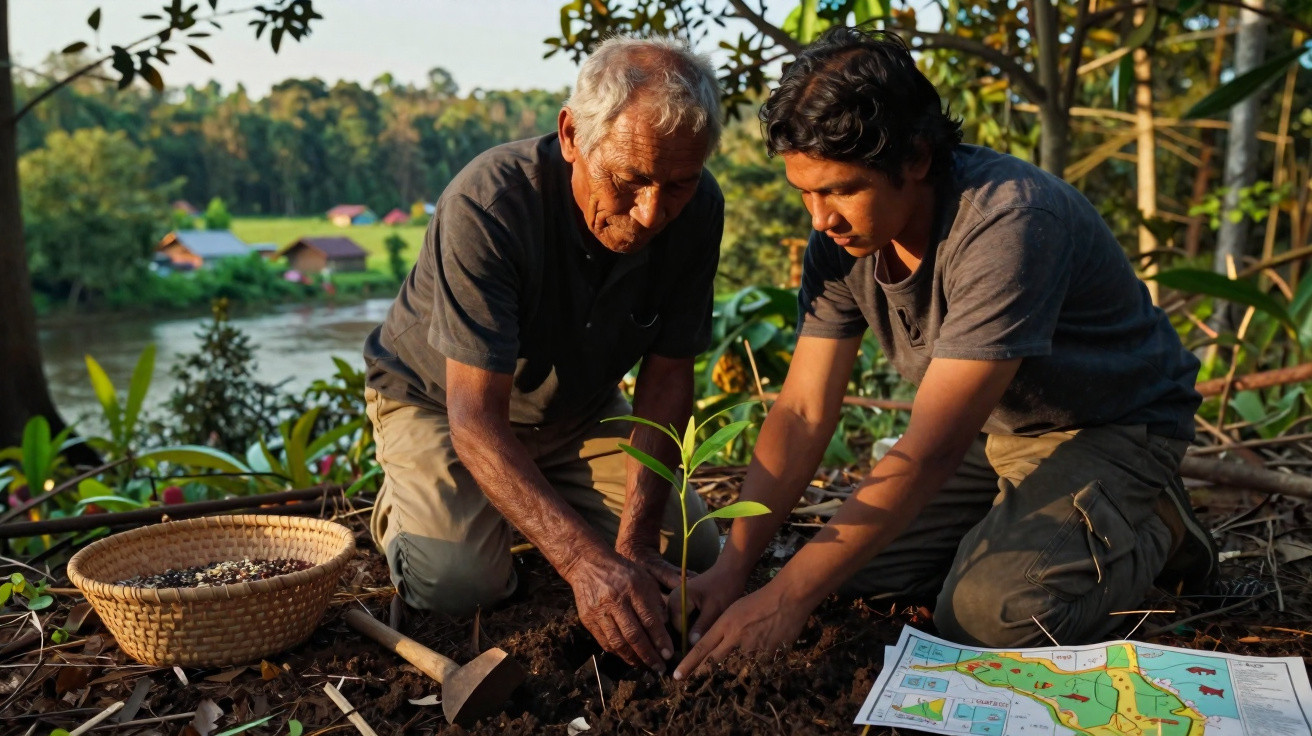 Deux hommes plantent un jeune arbre en pleine nature près d'une rivière, accompagnés d'une carte et un panier.