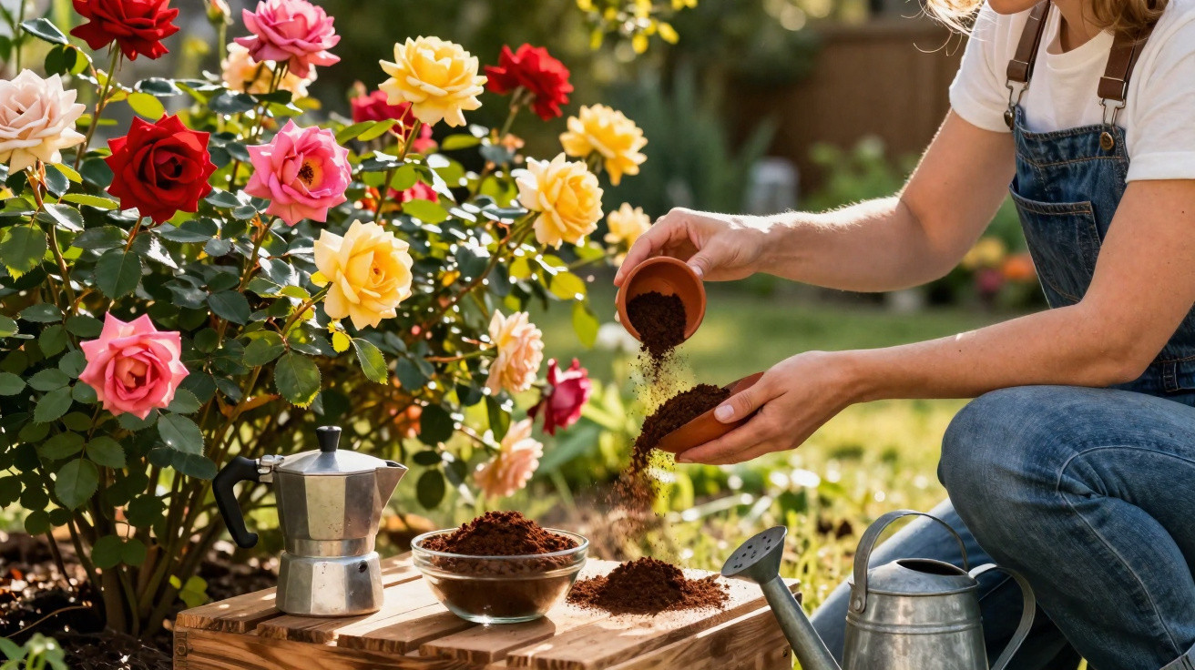 Personne préparant du café avec du café moulu devant un buisson de roses multicolores dans un jardin.