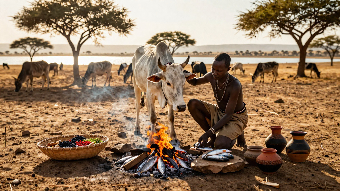 Homme africain aux côtés d’une vache, préparant du poisson près d’un feu dans un paysage sec avec d’autres vaches.