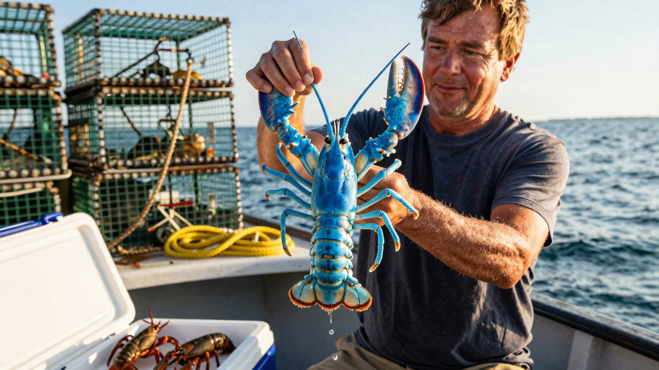 Homme en bateau tenant une langouste bleu vif fraîchement pêchée, avec des casiers à homards en arrière-plan.