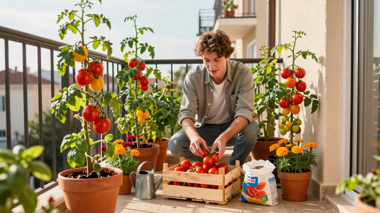 Jeune homme récoltant des tomates mûres sur le balcon entouré de plantes en pot et fleurs colorées.