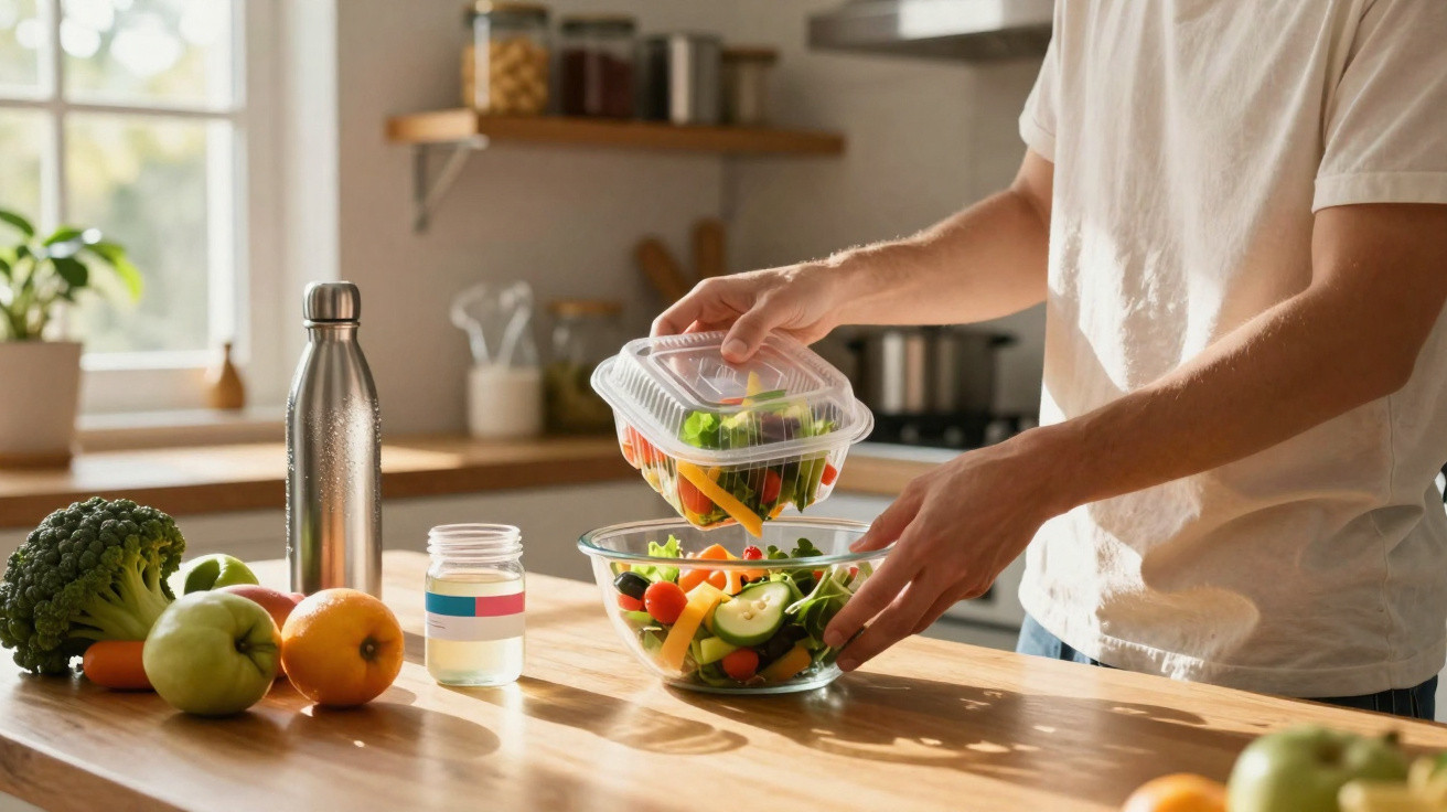 Personne préparant une salade fraîche avec légumes coupés dans une cuisine lumineuse sur un plan de travail en bois.