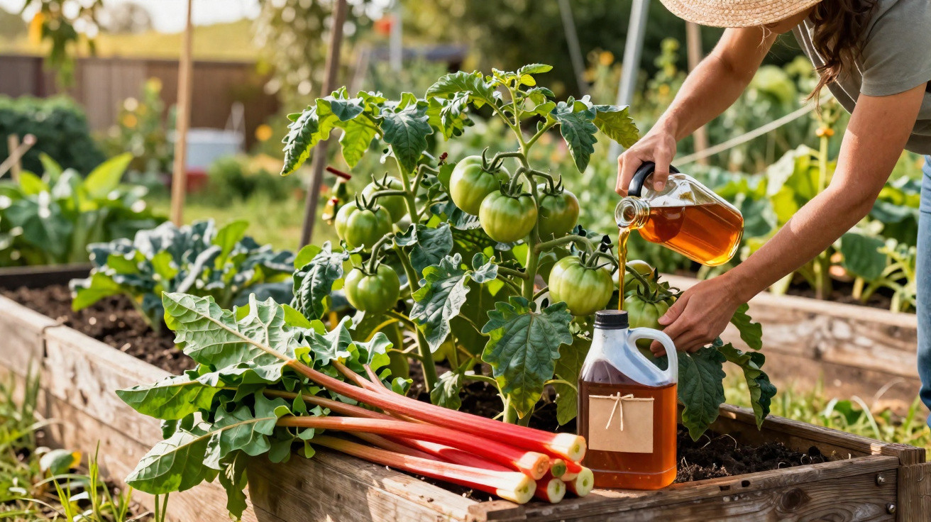 Personne arrosant des plants de tomates vertes dans un potager avec des branches de rhubarbe.