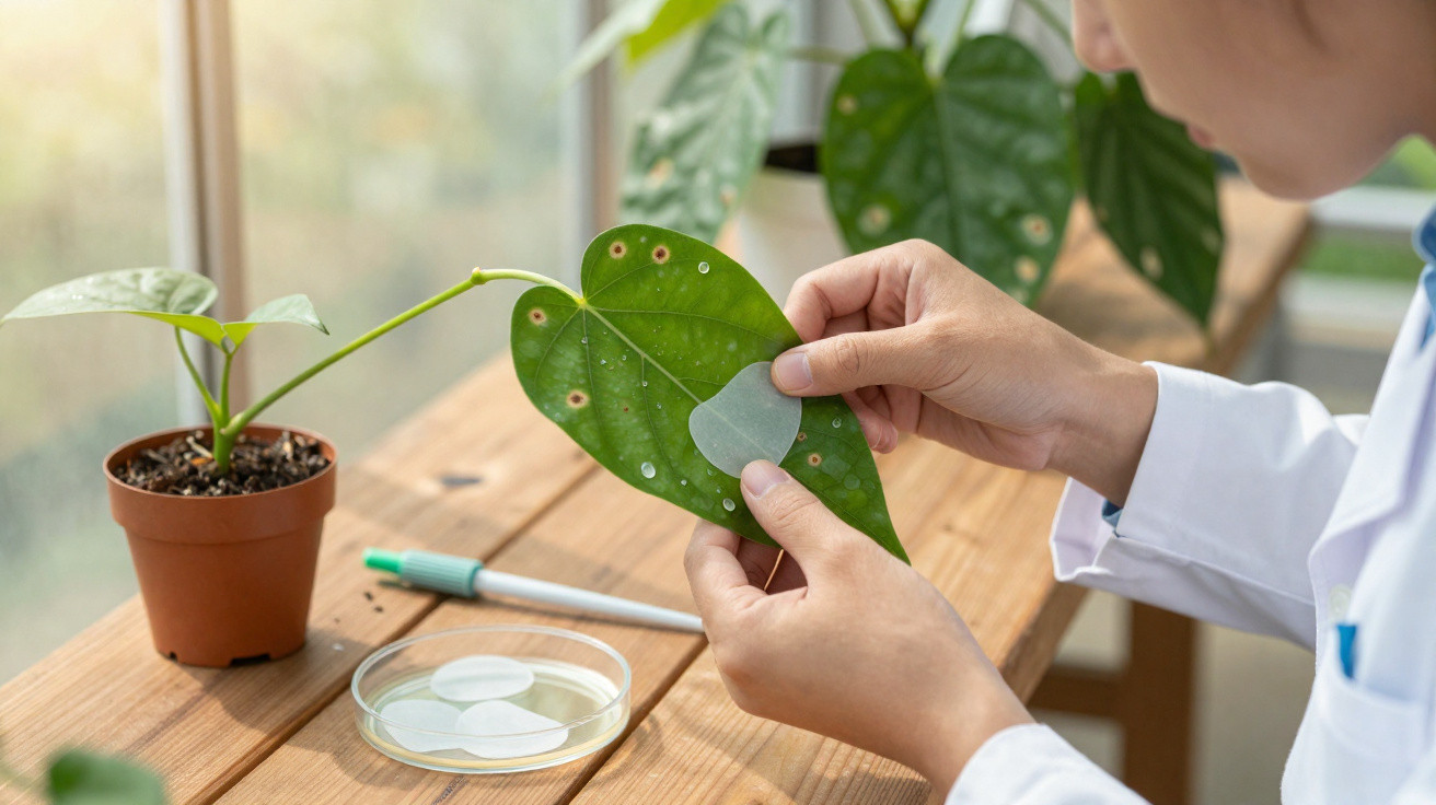 Une personne applique un patch transparent sur une feuille de plante malade sur une table en bois.