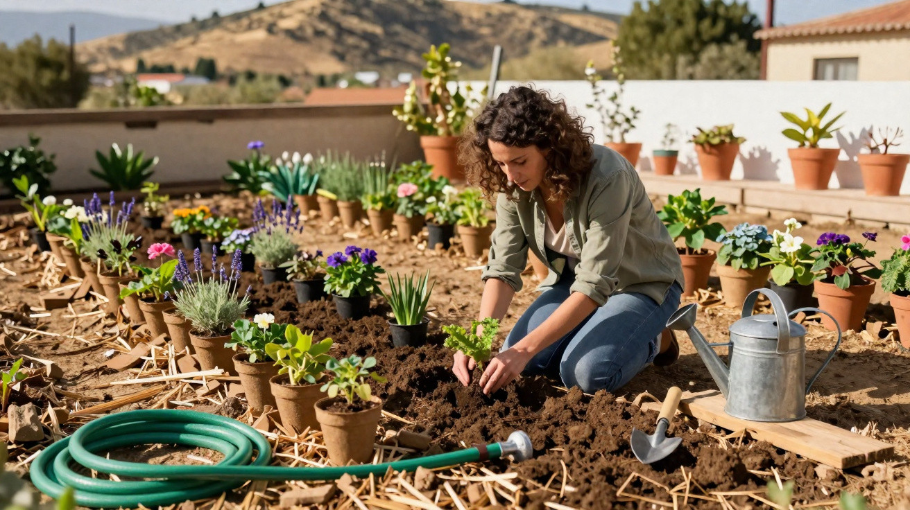 Femme plantant des fleurs dans un jardin ensoleillé avec des pots, arrosoir et tuyau d’arrosage.