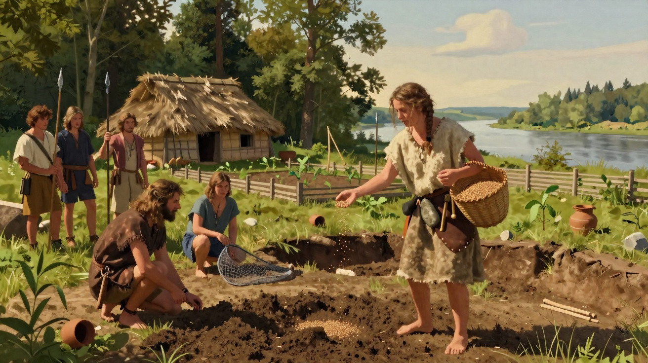 Femme en tenue préhistorique semant des graines près d’un fleuve, entourée d’hommes et d’une cabane en chaume.