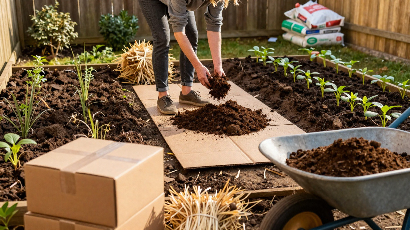 Personne travaillant le sol d'un potager entre des rangées de jeunes plants sous abri boisée.