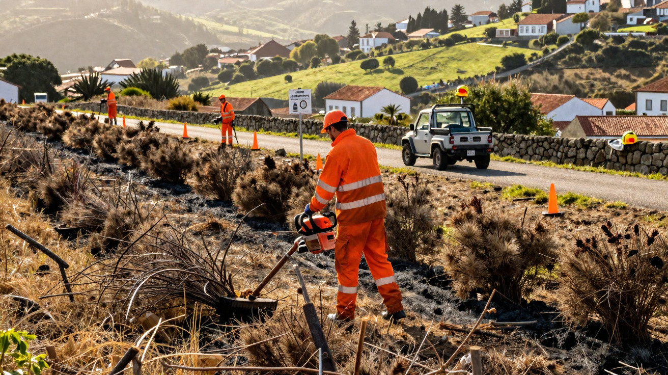 Travailleurs en tenue orange nettoyant un terrain brûlé près d'une route avec des cônes de signalisation.