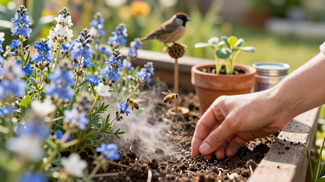 Main semant des graines dans un parterre avec fleurs bleu-blanc, deux abeilles en vol et un oiseau perché.