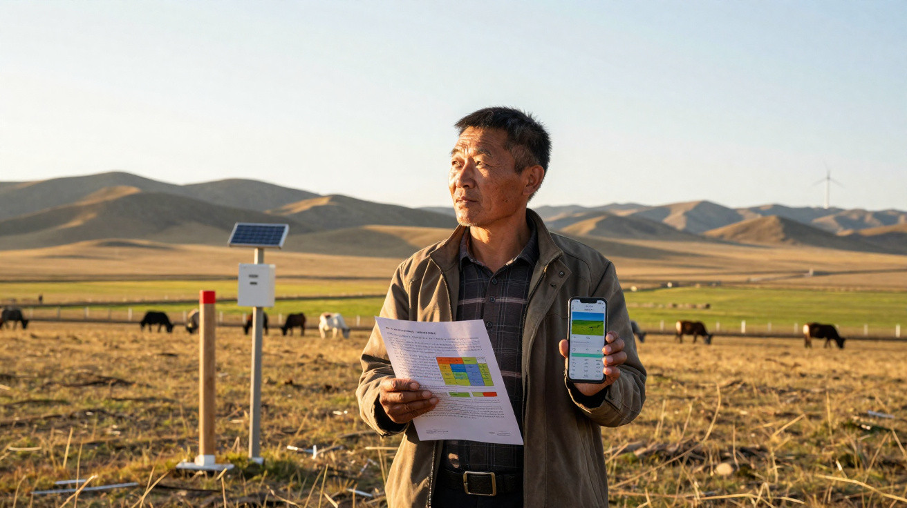 Homme tenant un document et un téléphone dans un champ avec des vaches et des collines en arrière-plan au coucher du soleil.