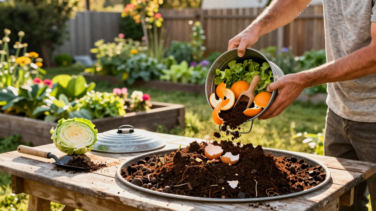 Une personne verse un seau de déchets organiques dans un bac à compost dans un jardin.