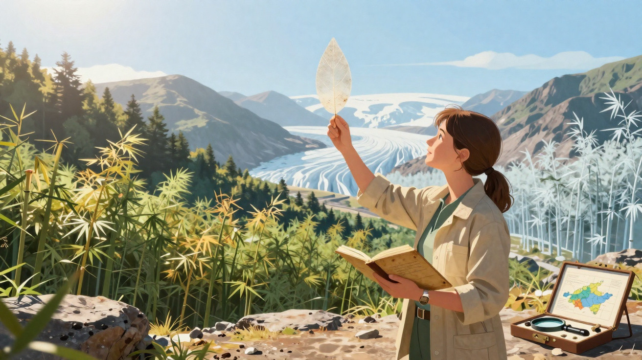Femme observant une feuille translucide en montagne, avec un carnet et une carte près d'elle sous un ciel bleu.